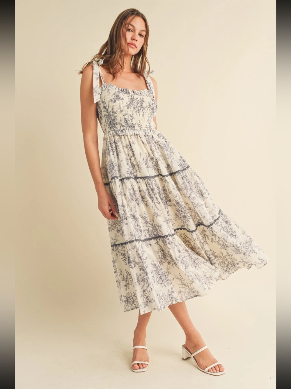 PinkBlush - Charcoal Floral Sleeveless Ruffle Tiered Midi Dress